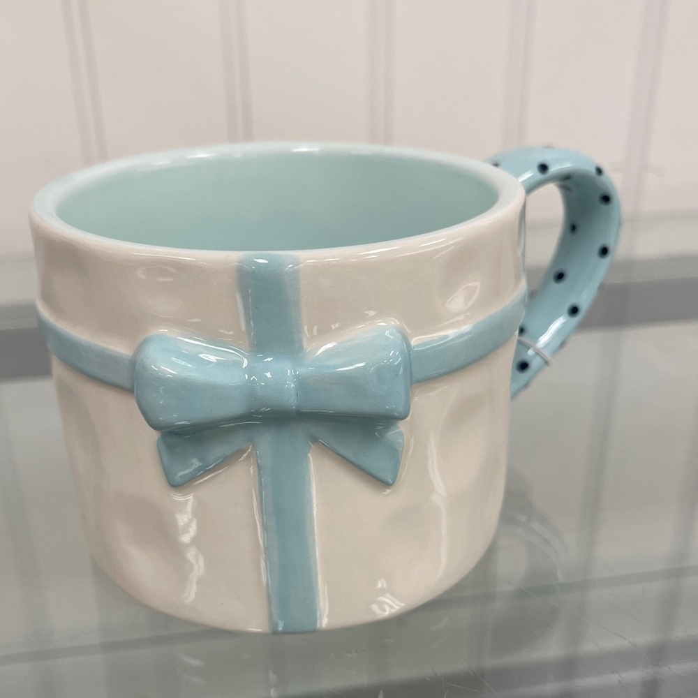 Pastel Blue Bow 🎀🩵 Coquette Polka Dot hand painted Ceramic Coffee Mug NWT